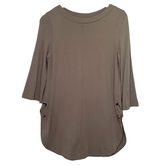 ZOE Cocoa Brown Round Neck Side Grommets Lace Hem Tunic Top Size Small - Picture 1 of 9